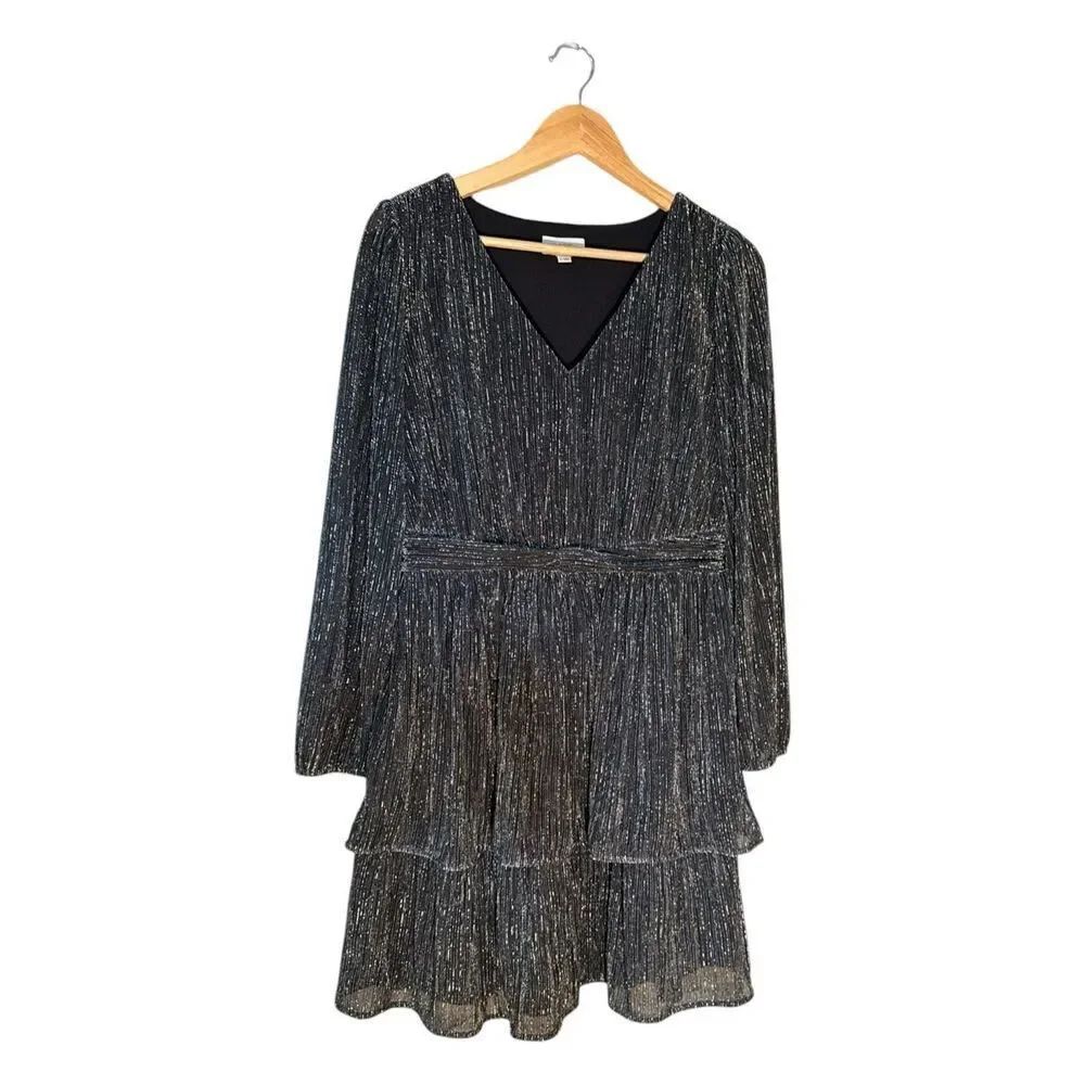 Loft Size S Tiered Ruffle Cocktail Mini Dress Black Silver Metallic Long Sleeve
